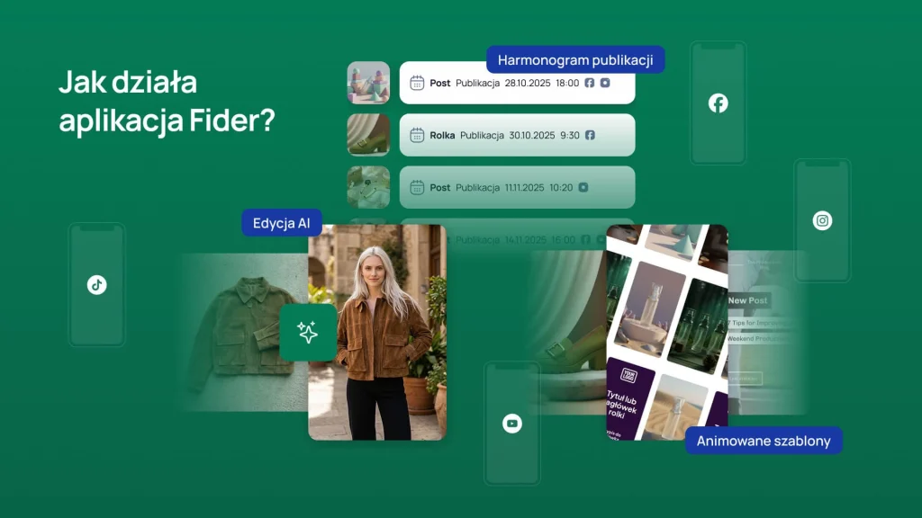 Jak działa aplikacja Fider — harmonogram publikacji, edycja AI, animowane szablony